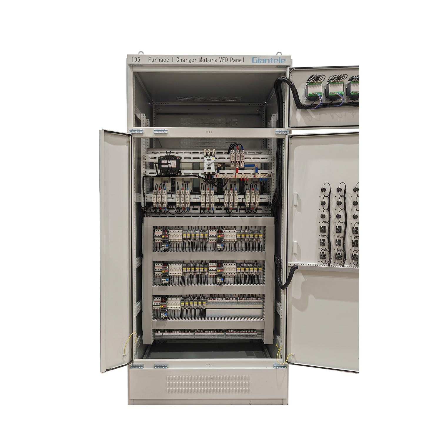 MCC door open — motor control center bucket internal layout