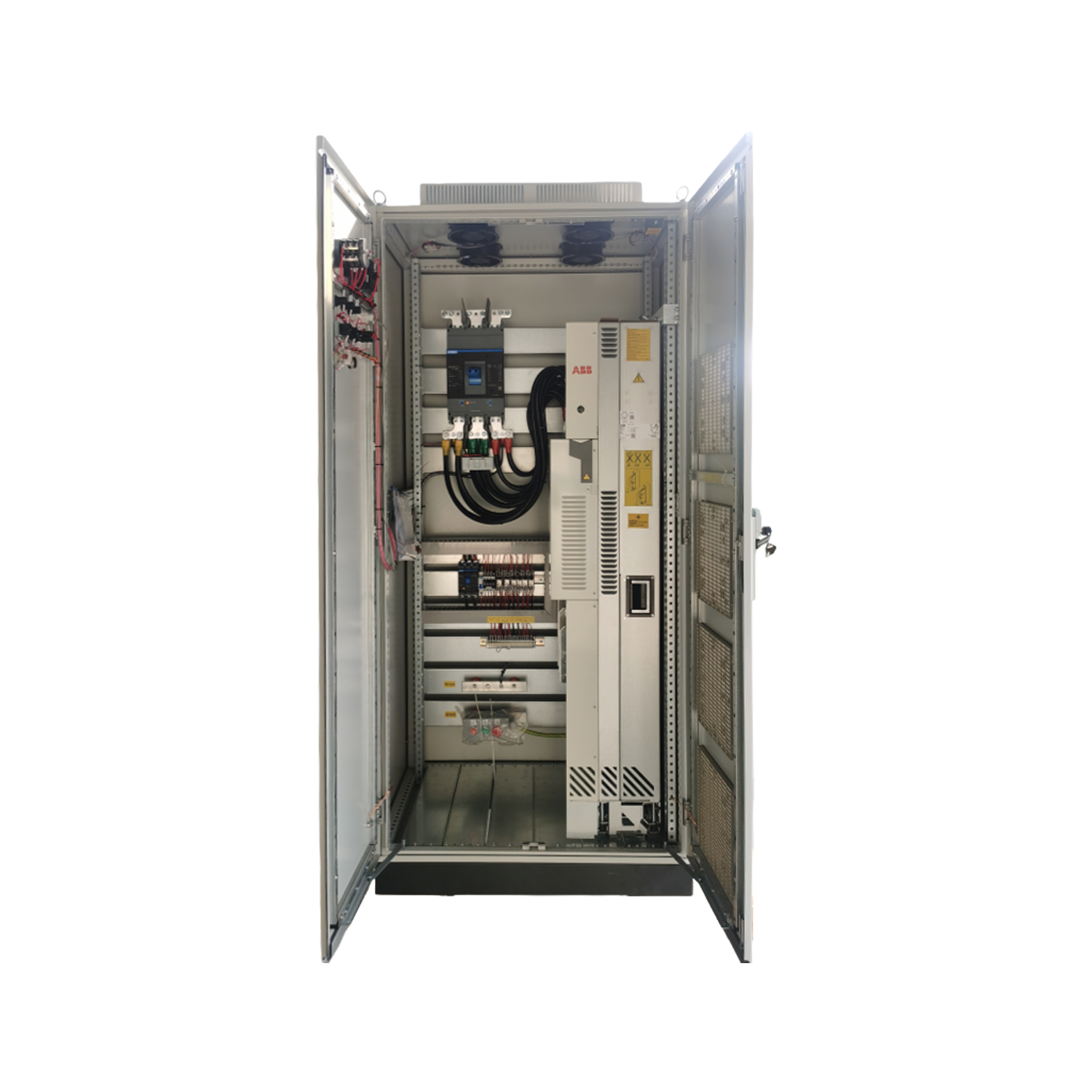 VFD 面板门打开，显示内部组件，包括驱动器和控制接线